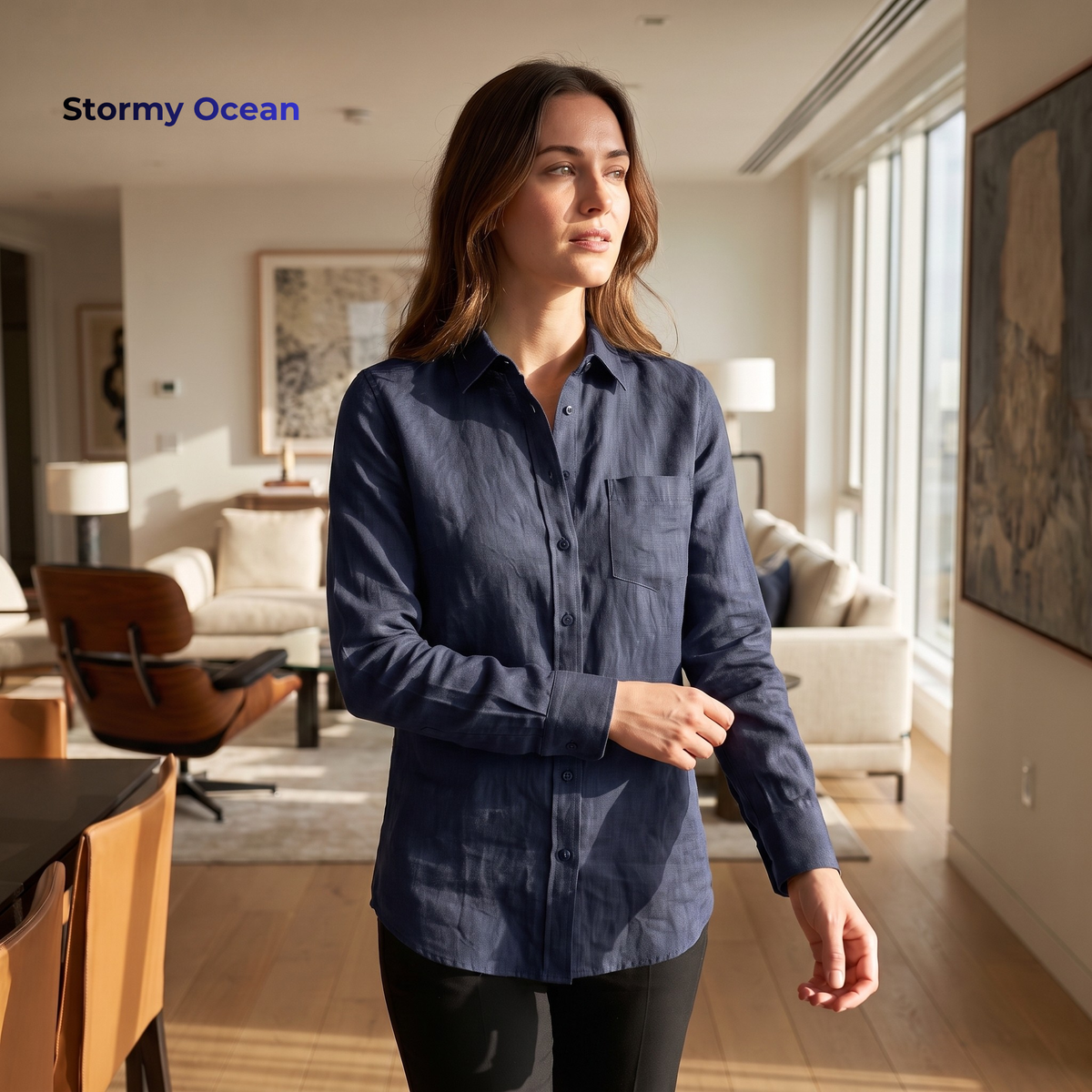 Women's Linen Shirt in Stormy Ocean – Raven by OrganoLinen
