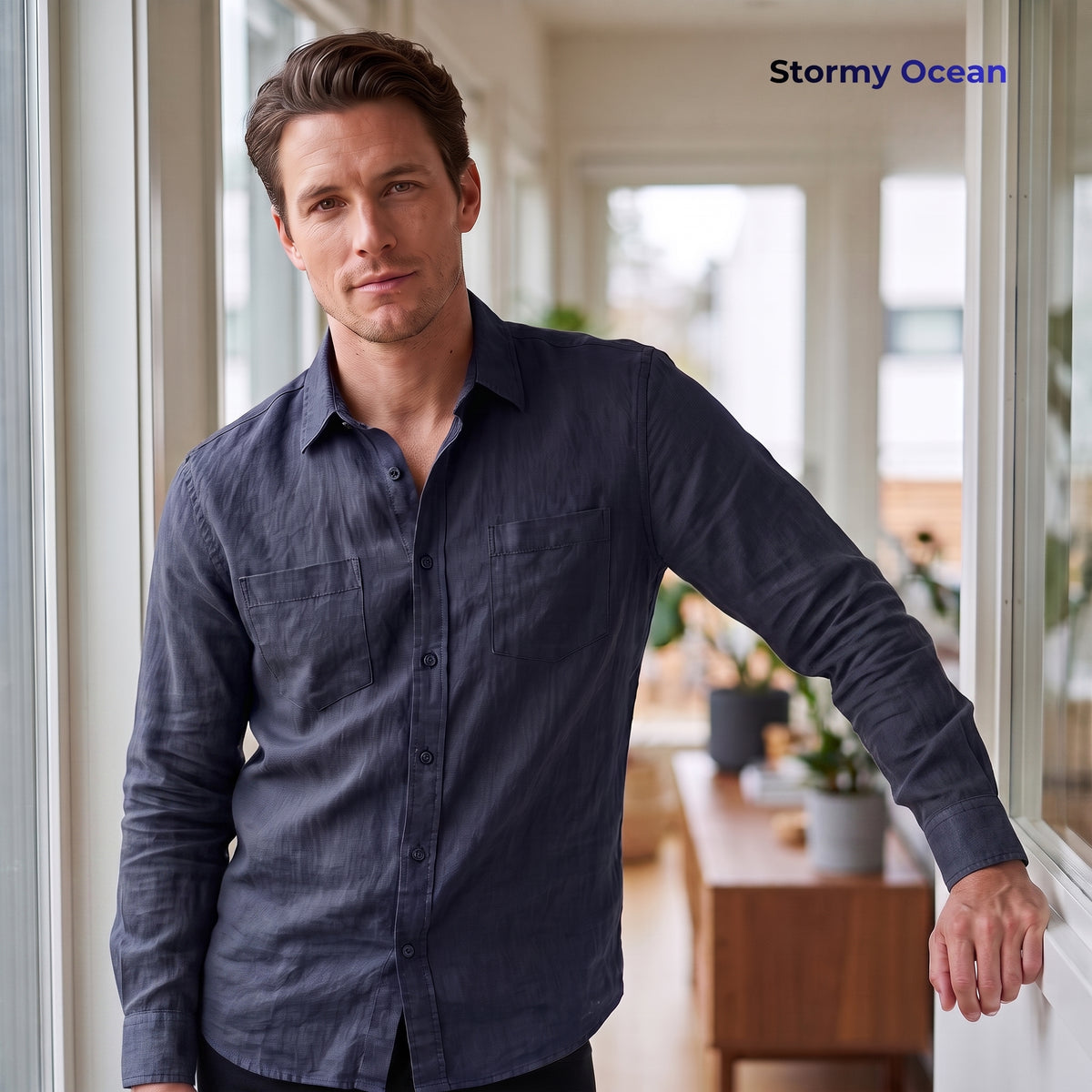 Men's Linen Shirt in Stormy Ocean – Raven by OrganoLinen