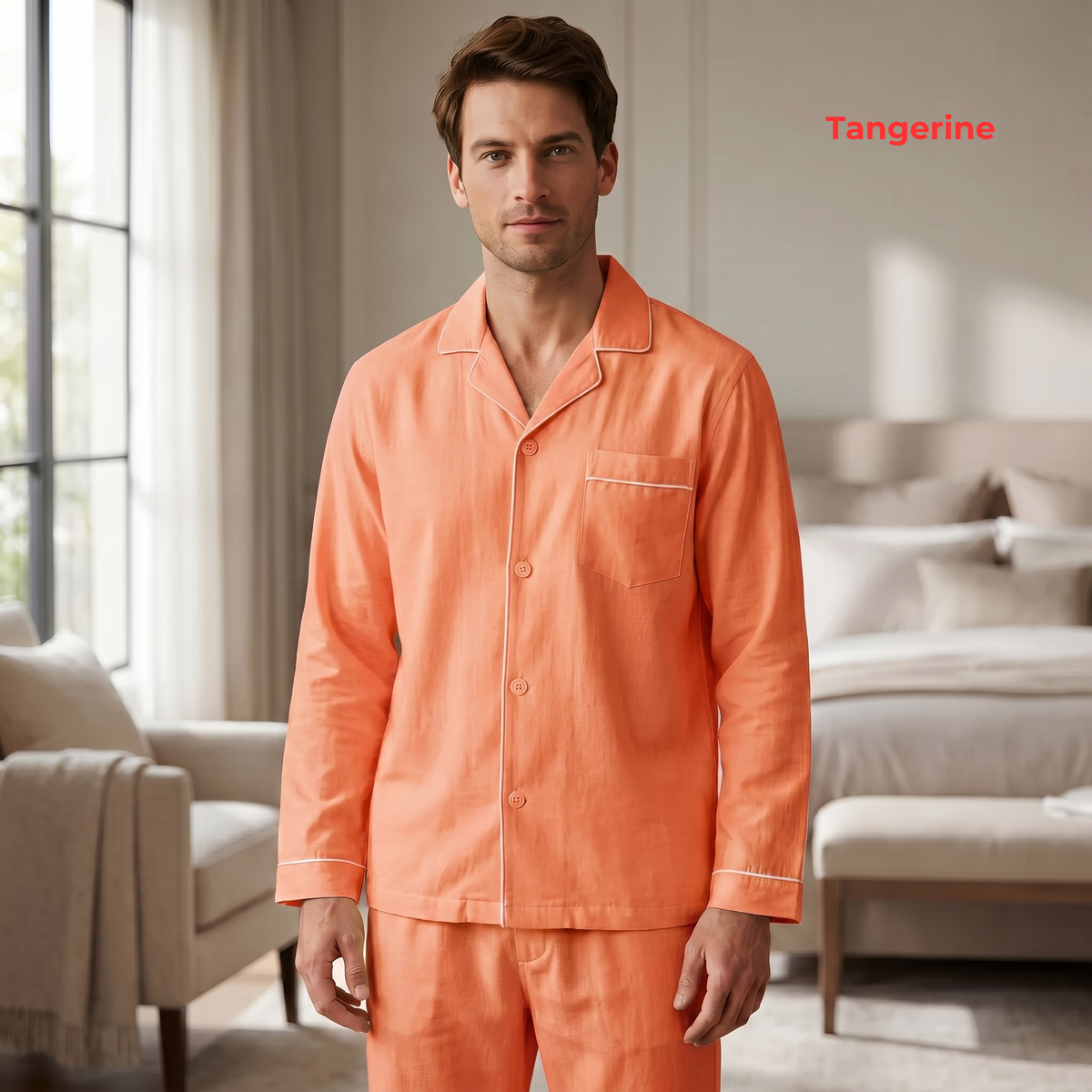 Men's Pure Linen Pajamas Full Sleeve Top & Pants Set in Tangerine – Milo by OrganoLinen