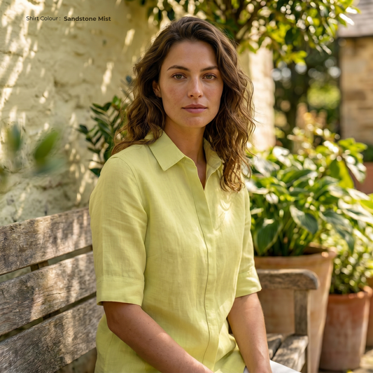 SUNNY-WSS Women's Yellow Linen Shirt – Short Sleeve, Custom Fit