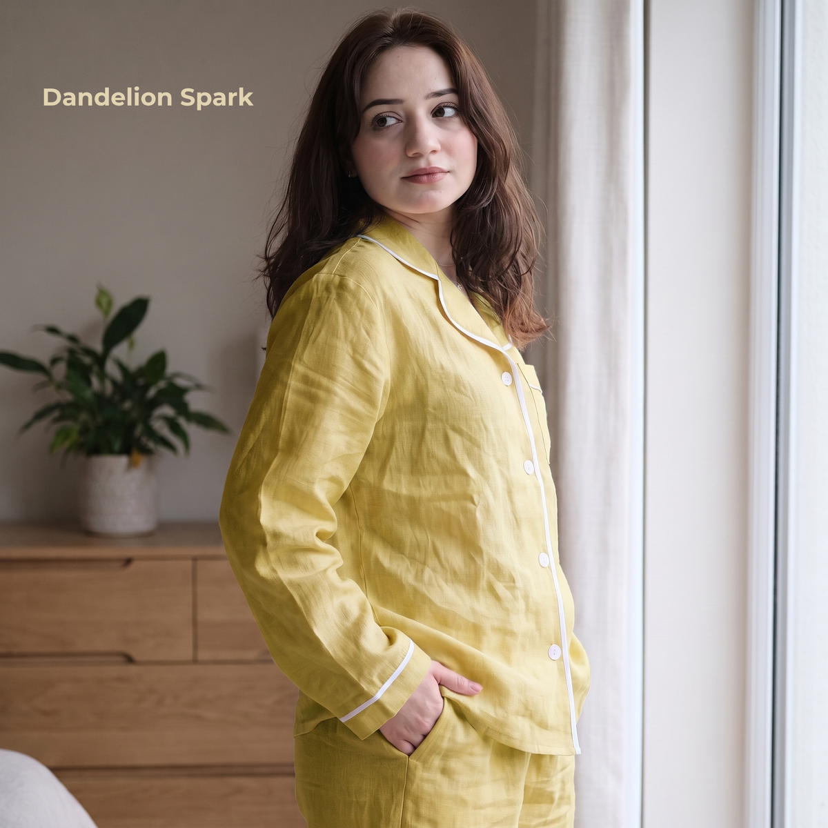 Women's Pure Linen Pajamas Full Sleeve Top & Pants Set in Dandelion Spark – Aria by OrganoLinen