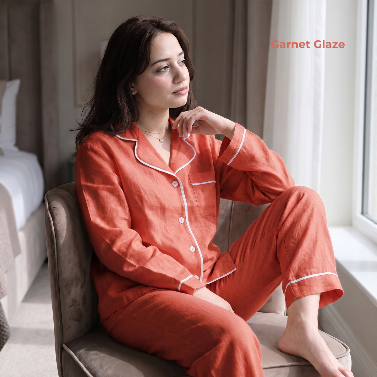 Women's Pure Linen Pajamas Full Sleeve Top & Pants Set in Garnet Glaze – Aria by OrganoLinen