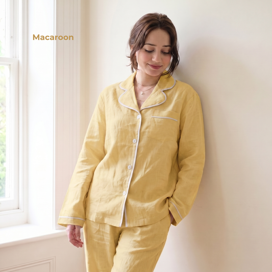 Women's Pure Linen Pajamas Full Sleeve Top & Pants Set in Macaroon – Aria by OrganoLinen