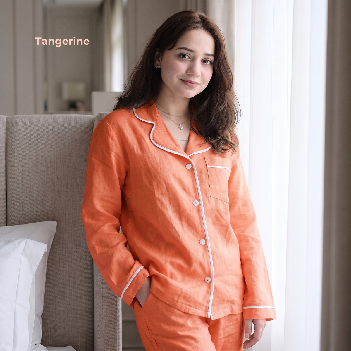 Women's Pure Linen Pajamas Full Sleeve Top & Pants Set in Tangerine – Aria by OrganoLinen