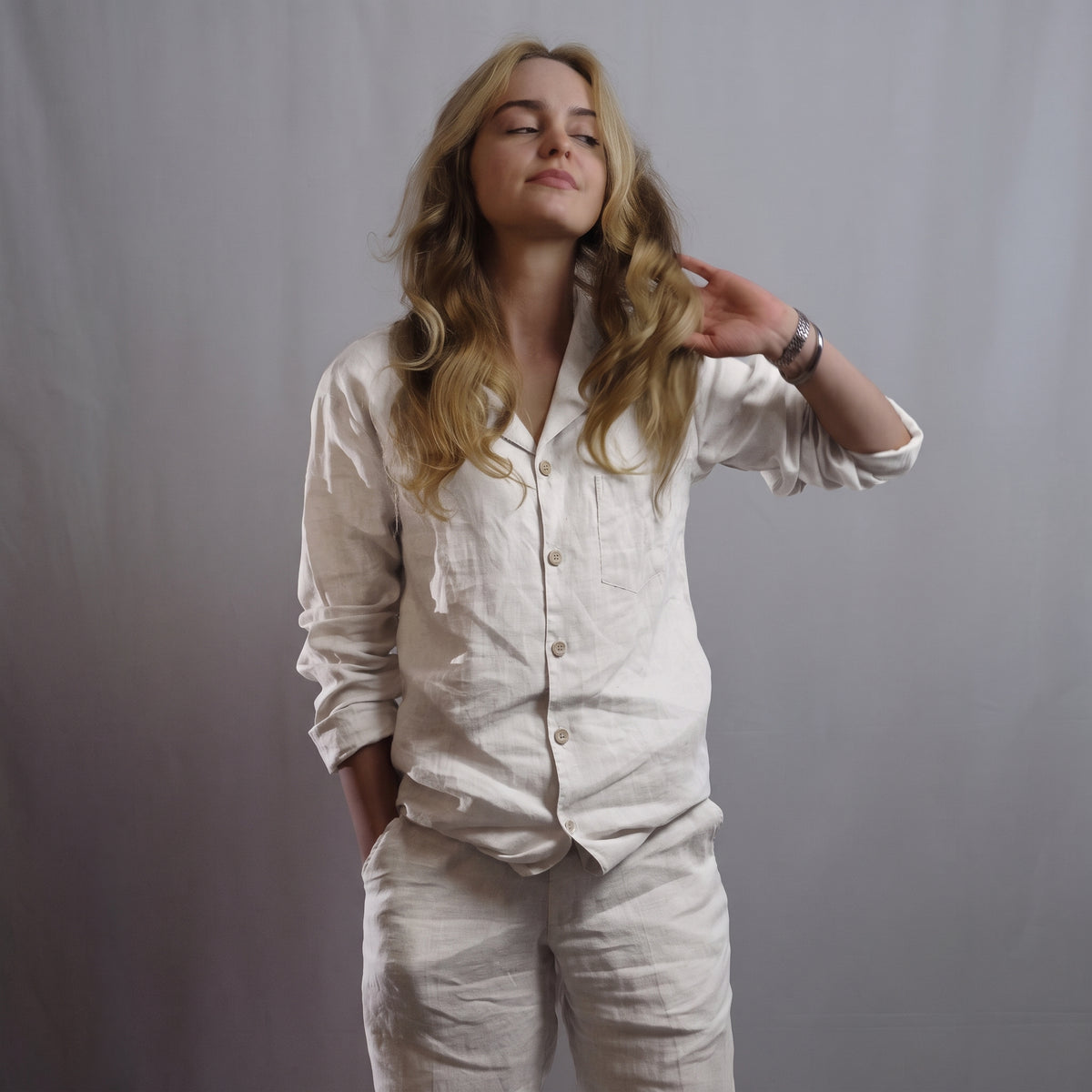 ARIA women's linen pajama set in White, long-sleeve top and pants