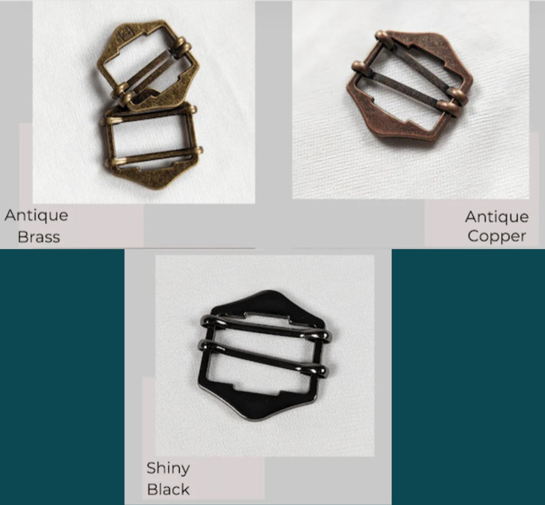 Three metal buckle options shown on a white background with labels: Antique Brass, Antique Copper, and Shiny Black. The image includes teal and gray design blocks around the product photos.