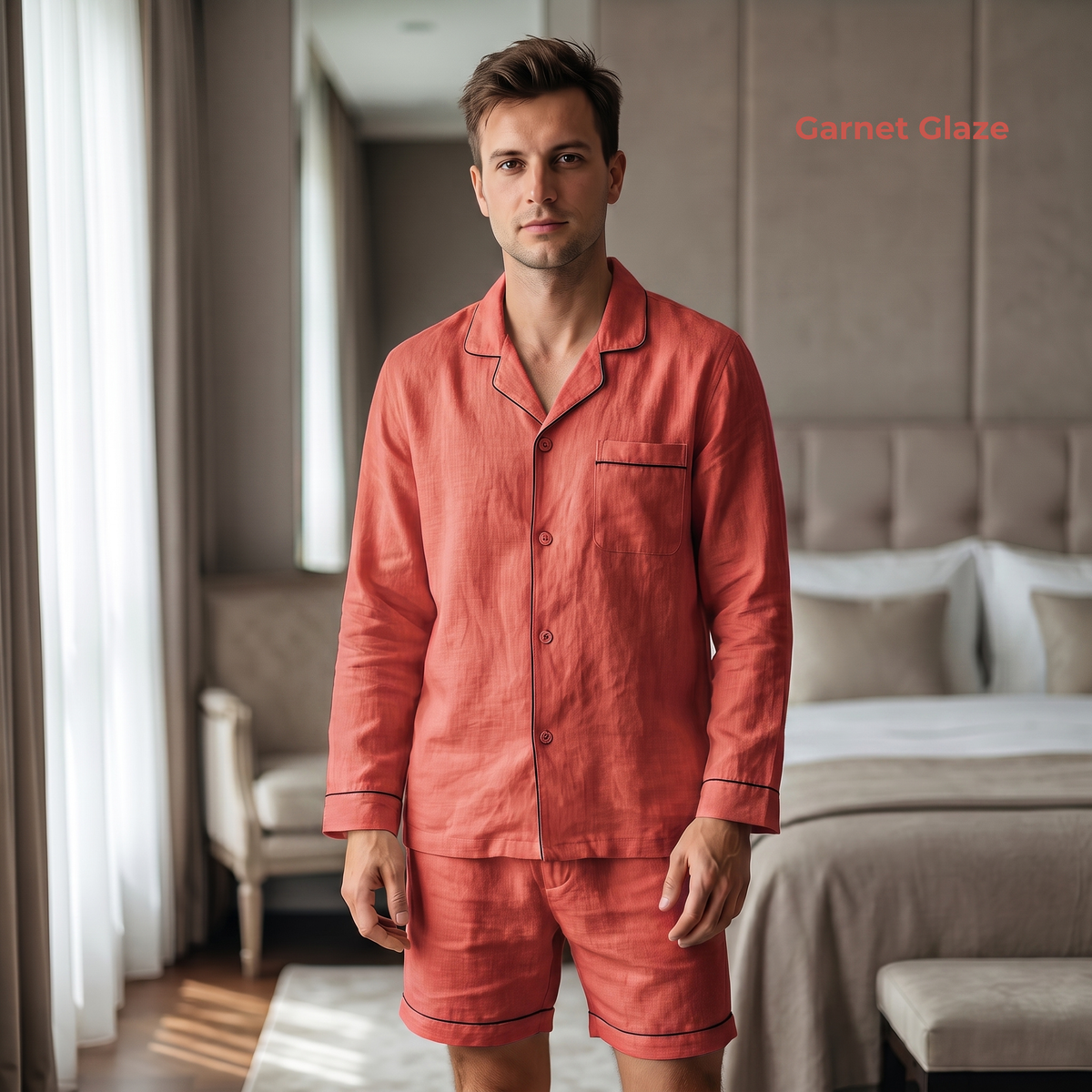 Men’s Pure Linen Pajamas in Garnet Glaze – Cruz by OrganoLinen