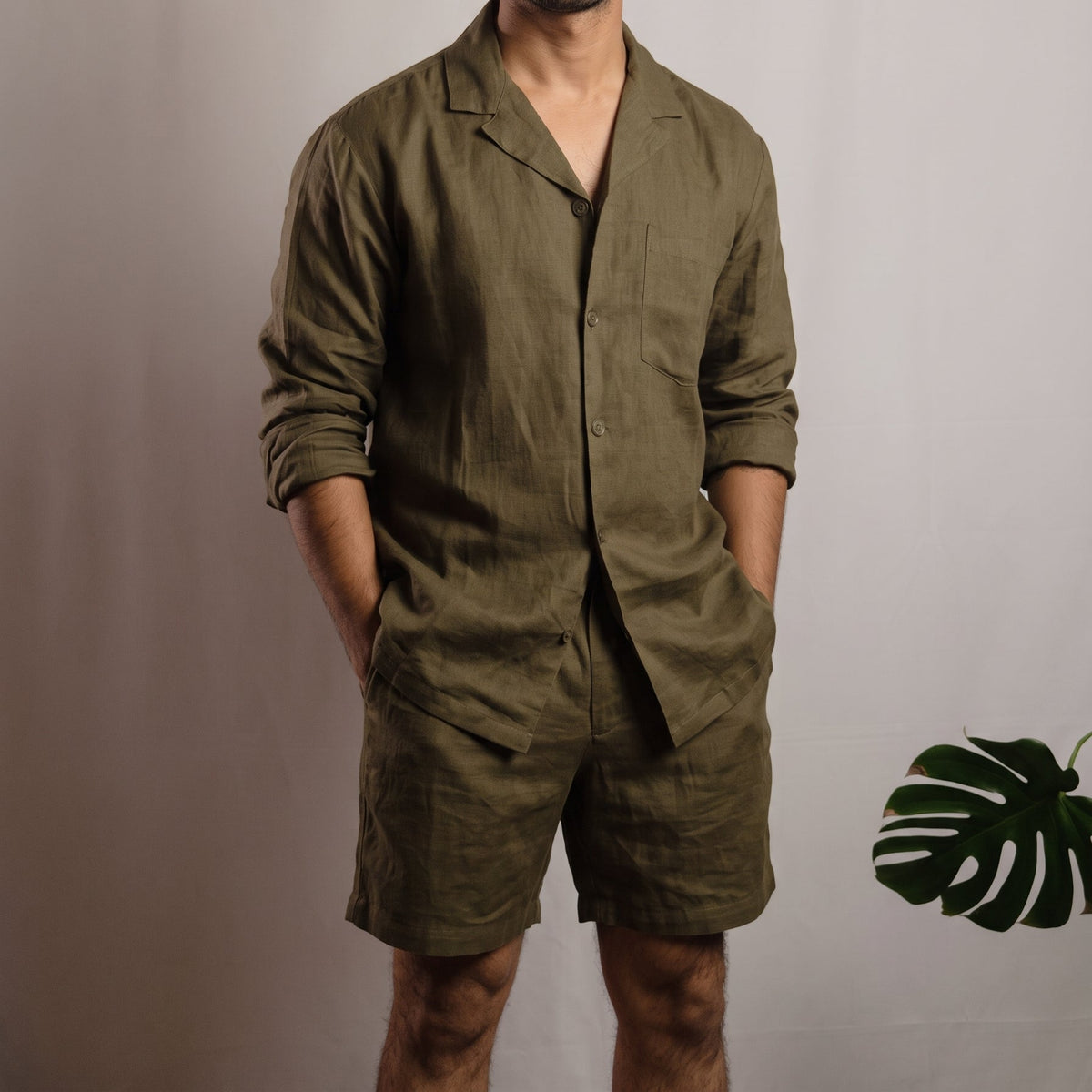 CRUZ men's linen pajama set in Olive Earth, long-sleeve top and shorts