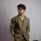 CRUZ men's linen pajama set in Olive Earth, long-sleeve top and shorts