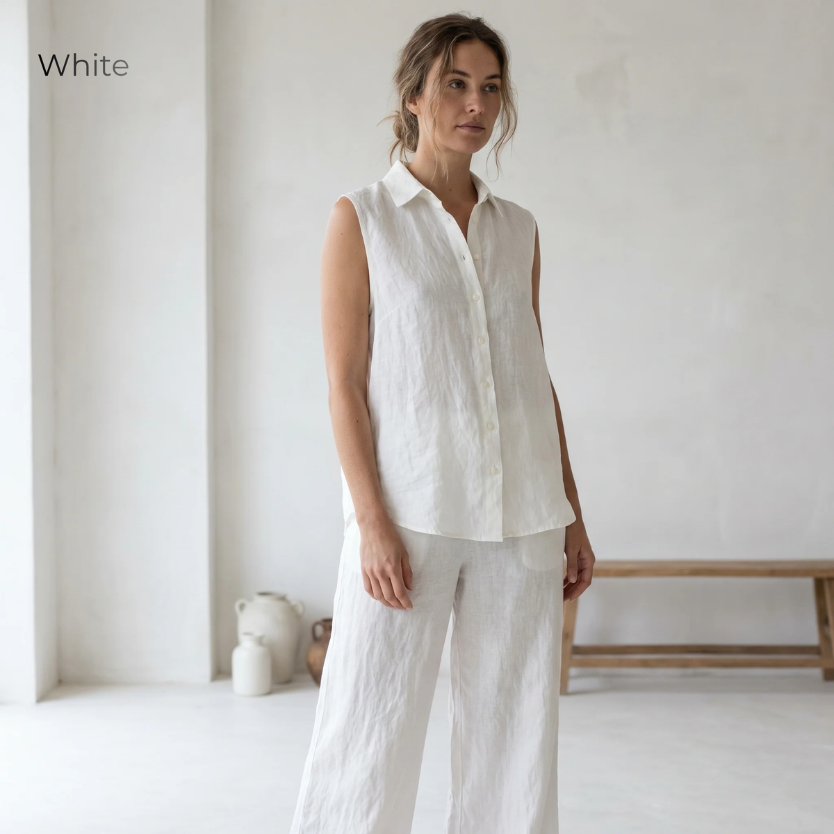 Women's Pure Linen Set in White Motera – Elara by OrganoLinen