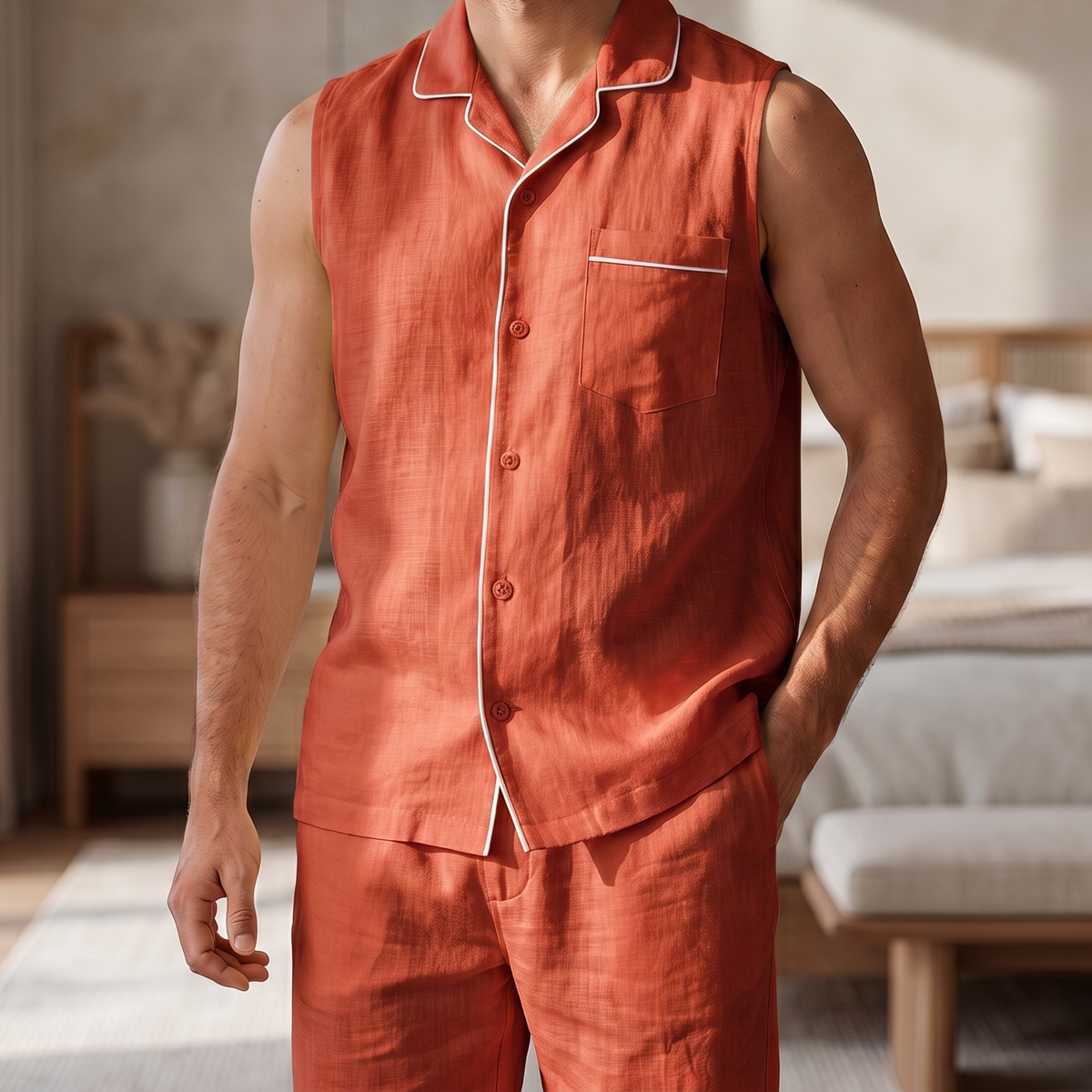 Men's Pure Linen Pajamas Sleeveless Top & Pants Set in Garnet Glaze – Elio by OrganoLinen