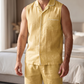 Men's Pure Linen Pajamas Sleeveless Top & Pants Set in Macaroon – Elio by OrganoLinen