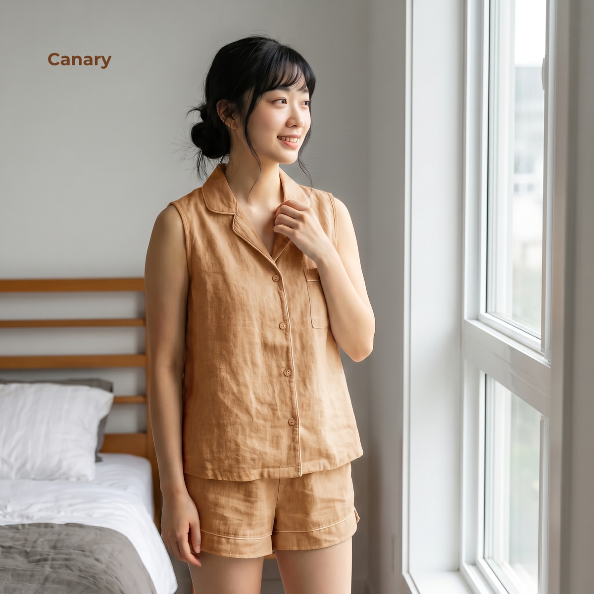 Women's Pure Linen Pajamas Sleeveless Top & Shorts Set in Canary – Faye by OrganoLinen