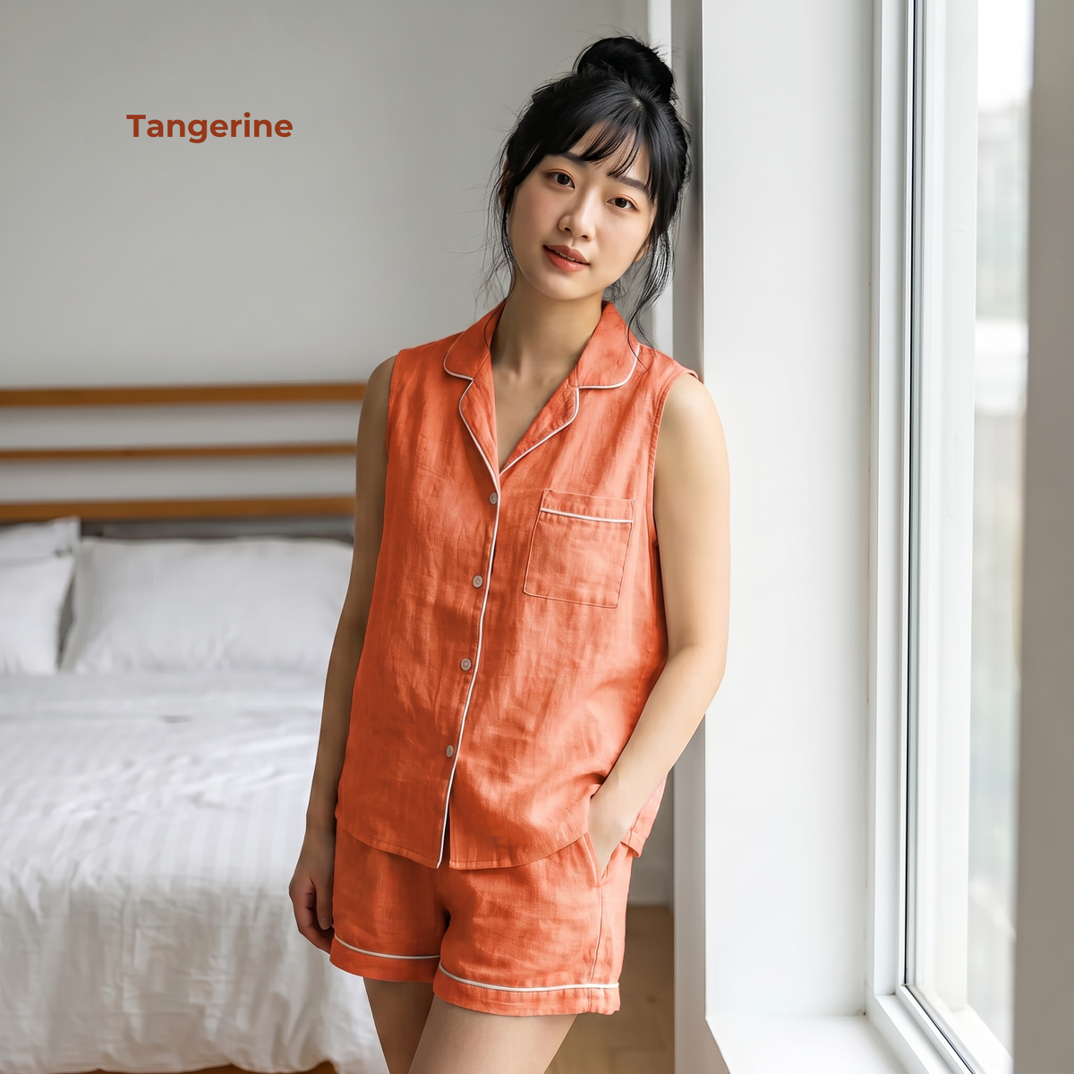 Women's Pure Linen Pajamas Sleeveless Top & Shorts Set in Tangerine – Faye by OrganoLinen