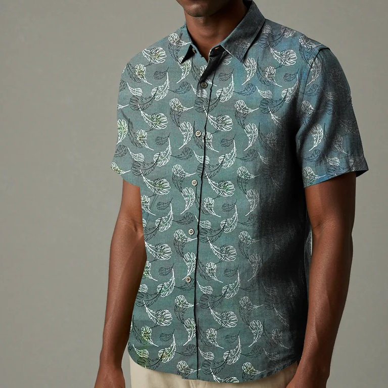 Men's Printed Linen Shirt in Moss Imprint – Forestwind by OrganoLinen