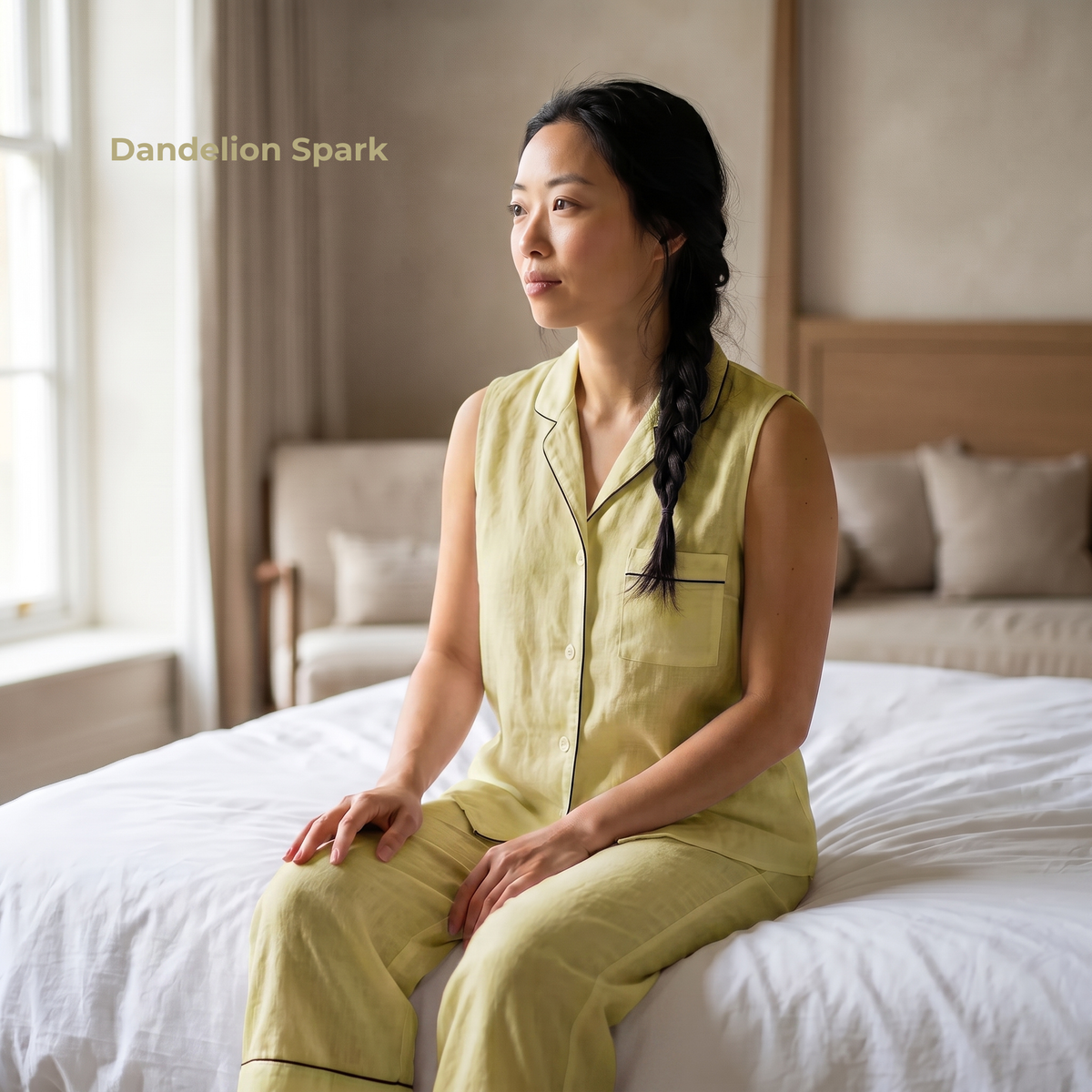Women's Pure Linen Pajamas Sleeveless Top & Pants Set in Dandelion Spark – Kaia by OrganoLinen