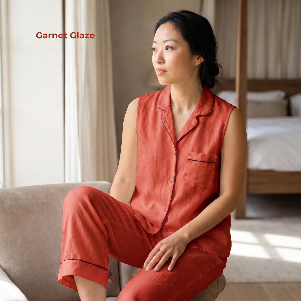 Women's Pure Linen Pajamas Sleeveless Top & Pants Set in Garnet Glaze – Kaia by OrganoLinen