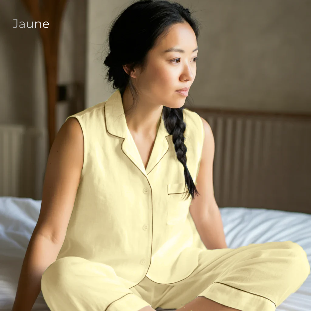 Women's Pure Linen Pajamas Sleeveless Top & Pants Set in Jaune – Kaia by OrganoLinen