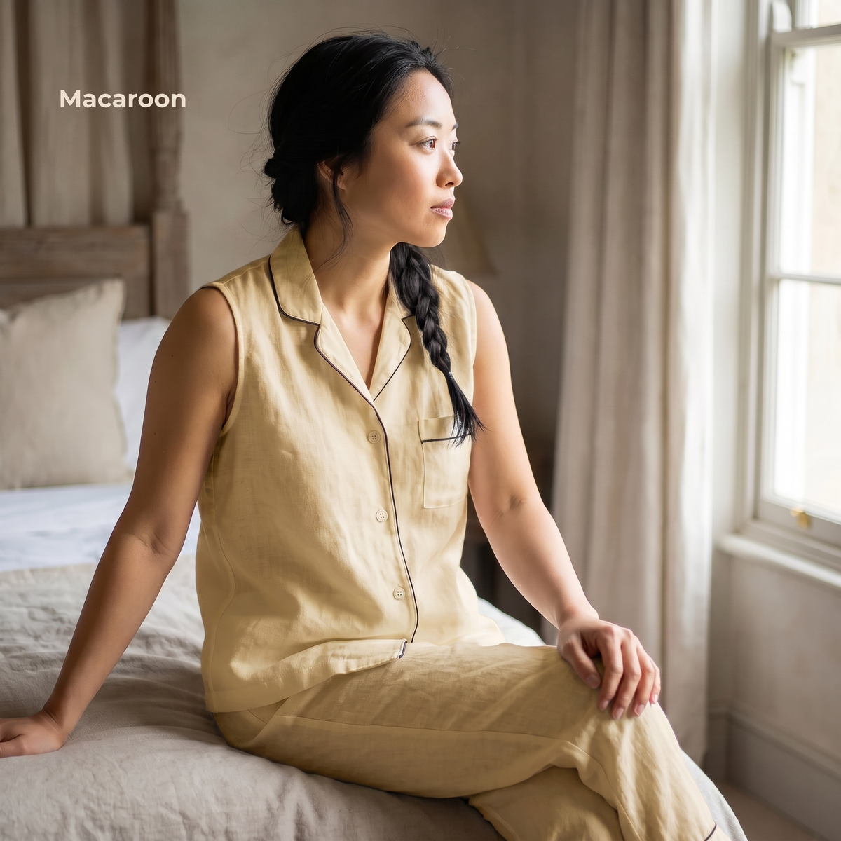 Women's Pure Linen Pajamas Sleeveless Top & Pants Set in Macaroon – Kaia by OrganoLinen