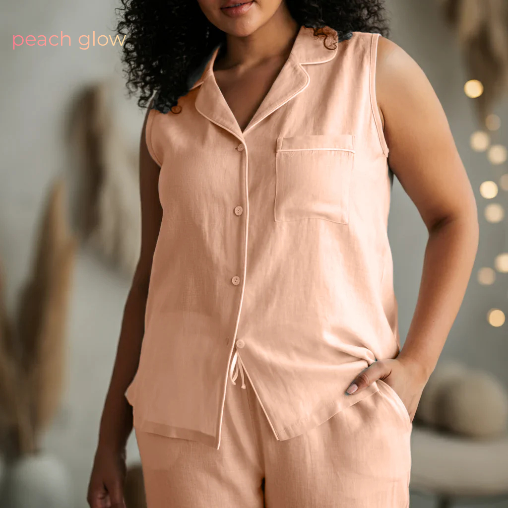 Women's Pure Linen Pajamas Sleeveless Top & Pants Set in Peach Glow – Kaia by OrganoLinen