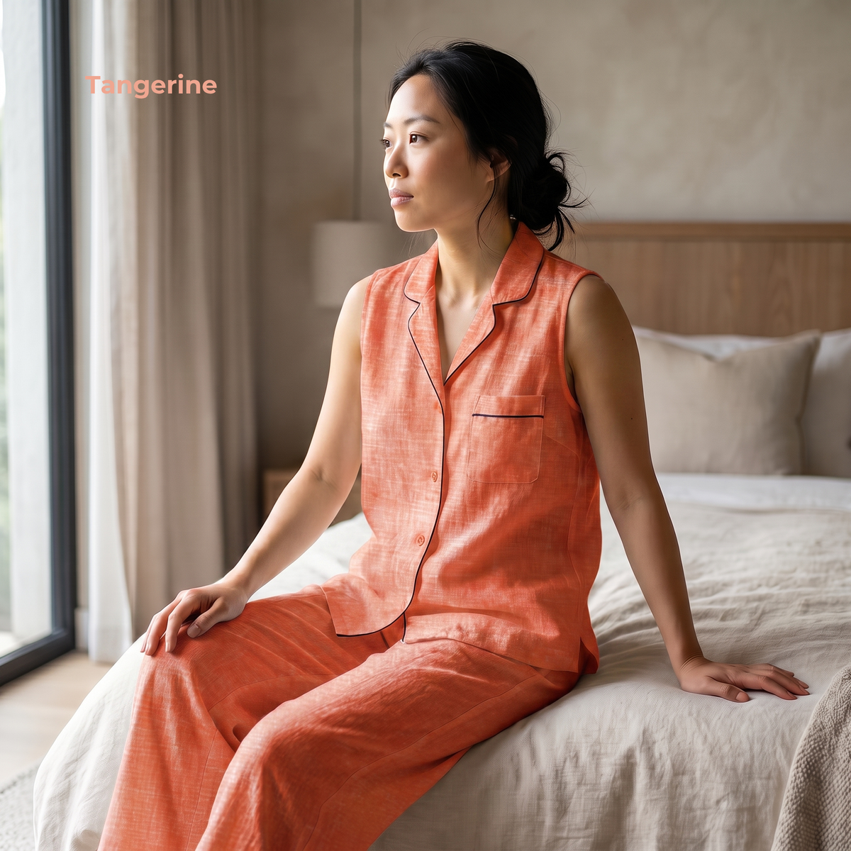 Women's Pure Linen Pajamas Sleeveless Top & Pants Set in Tangerine – Kaia by OrganoLinen