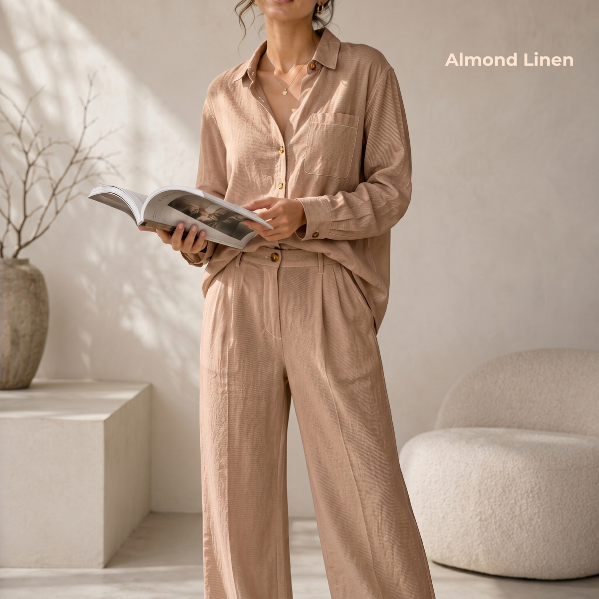 Women's Pure Linen Set in Almond Linen – Luma by OrganoLinen