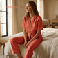 Women's Pure Linen Pajamas Short Sleeve Top & Pants Set in Garnet Glaze – Nola by OrganoLinen