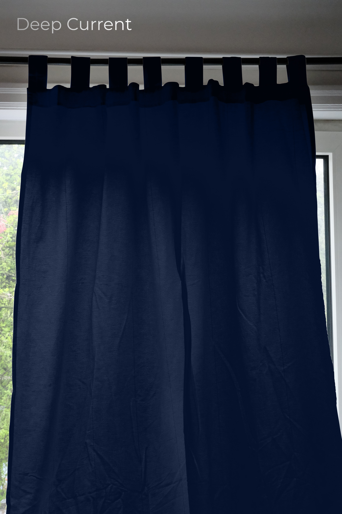 Custom Linen Café Curtain in Deep Current – Wisp by OrganoLinen