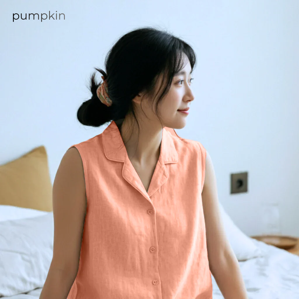 Women's Pure Linen Pajamas Sleeveless Top & Pants Set in Pumpkin – Kaia by OrganoLinen