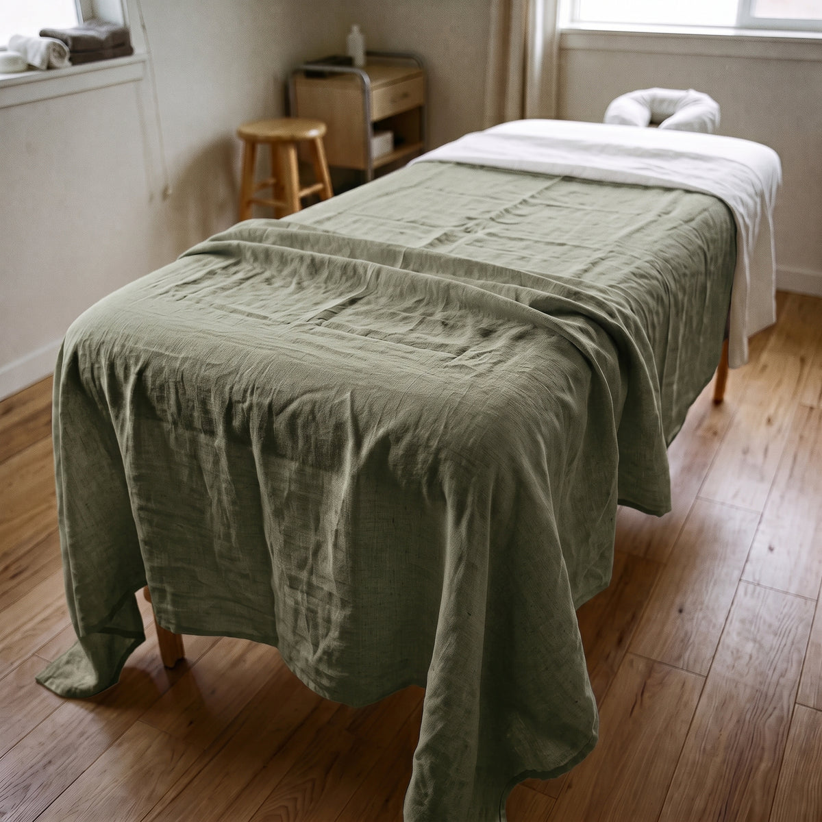 SLUMBER linen flat massage drape sheet in Pistachio Mist