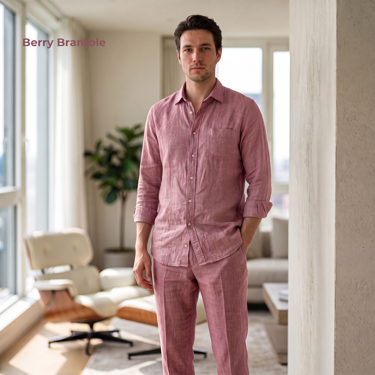 Men’s Heavy Linen Shacket & Trouser Co-ord Set in Berry Bramble – Summit by OrganoLinen