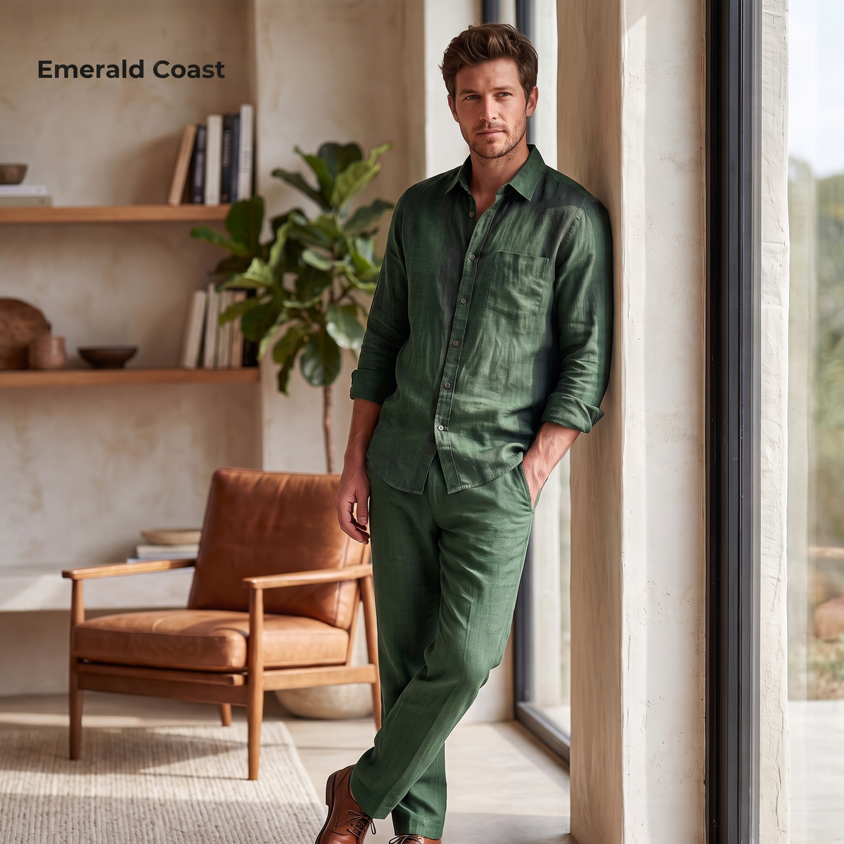 Men’s Heavy Linen Shacket & Trouser Co-ord Set in Emerald Coast – Summit by OrganoLinen