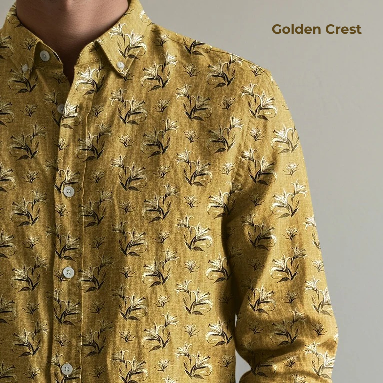 Men's Printed Linen Shirt in Golden Crest – Sunstroke by OrganoLinen