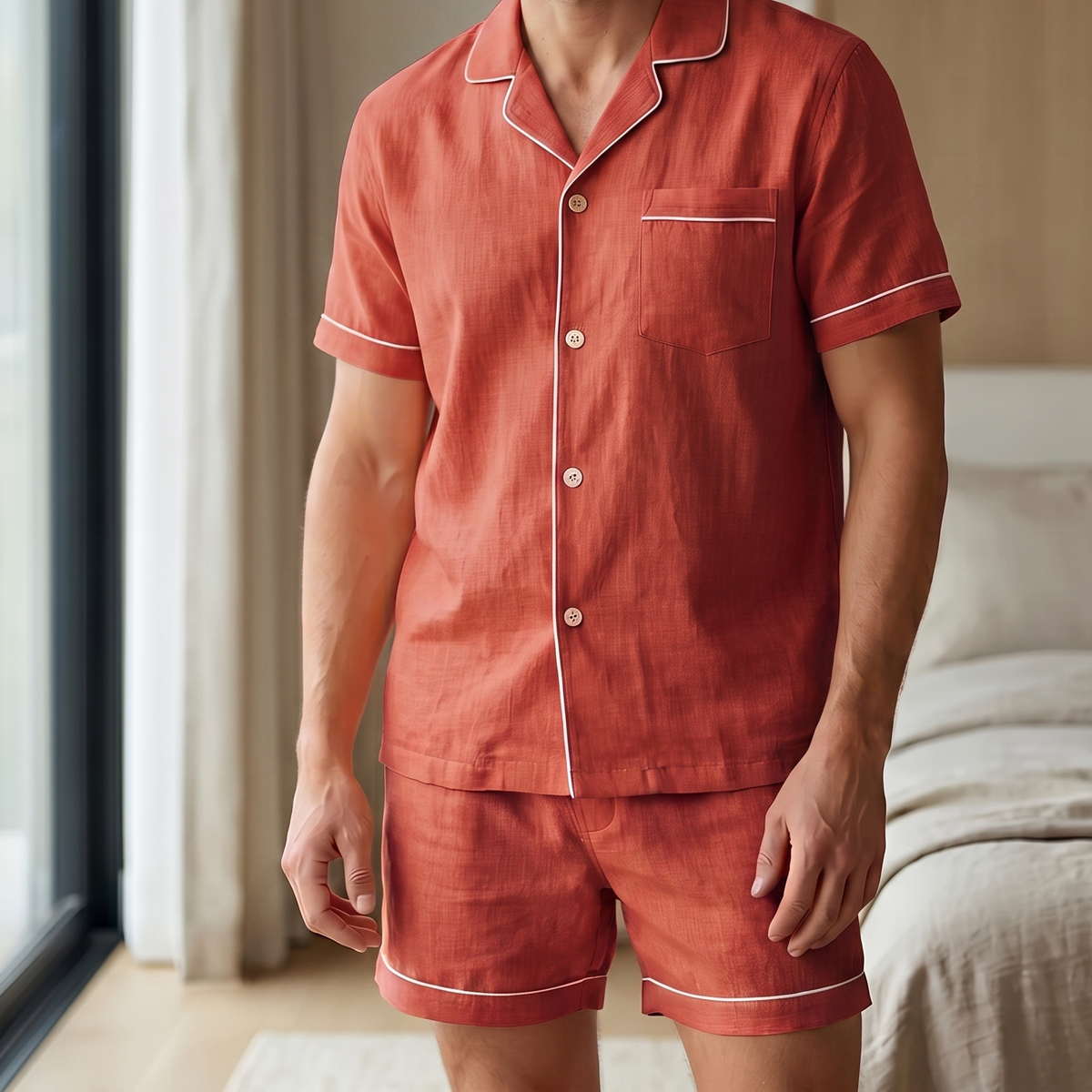 Men's Pure Linen Pajamas Short Sleeve Top & Shorts Set in Garnet Glaze – Theo by OrganoLinen