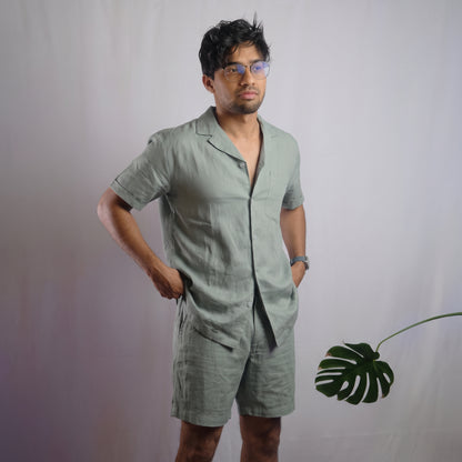 THEO men's linen pajama set in Pistachio Mist, short-sleeve top and shorts