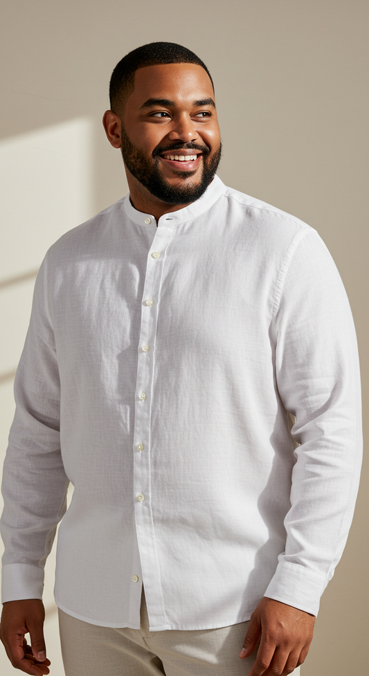 CLOUD-PMLS Men's Plus Size White Linen Shirt – Long Sleeve, Custom Fit