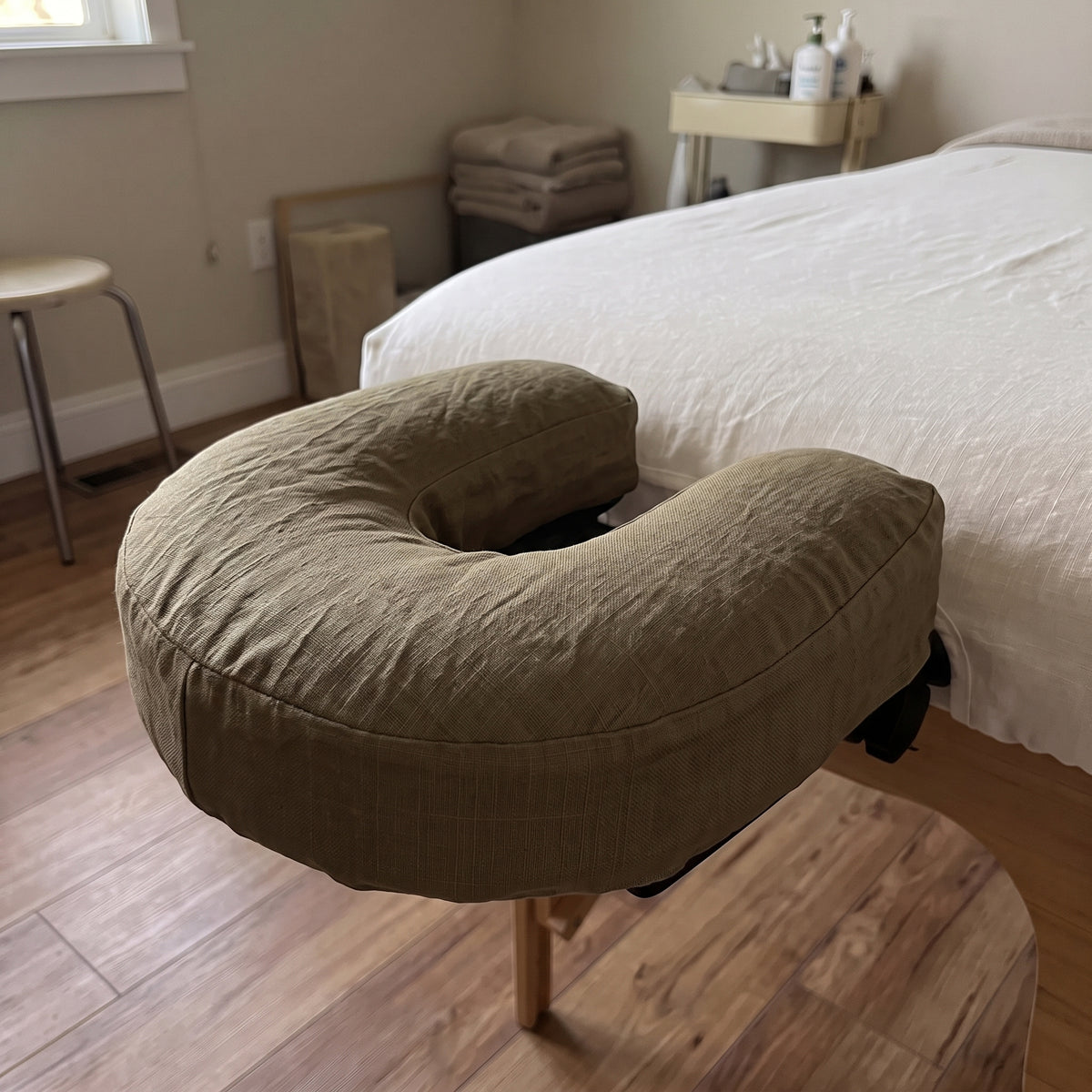 ZEN linen face cradle cover for massage tables in Olive Earth